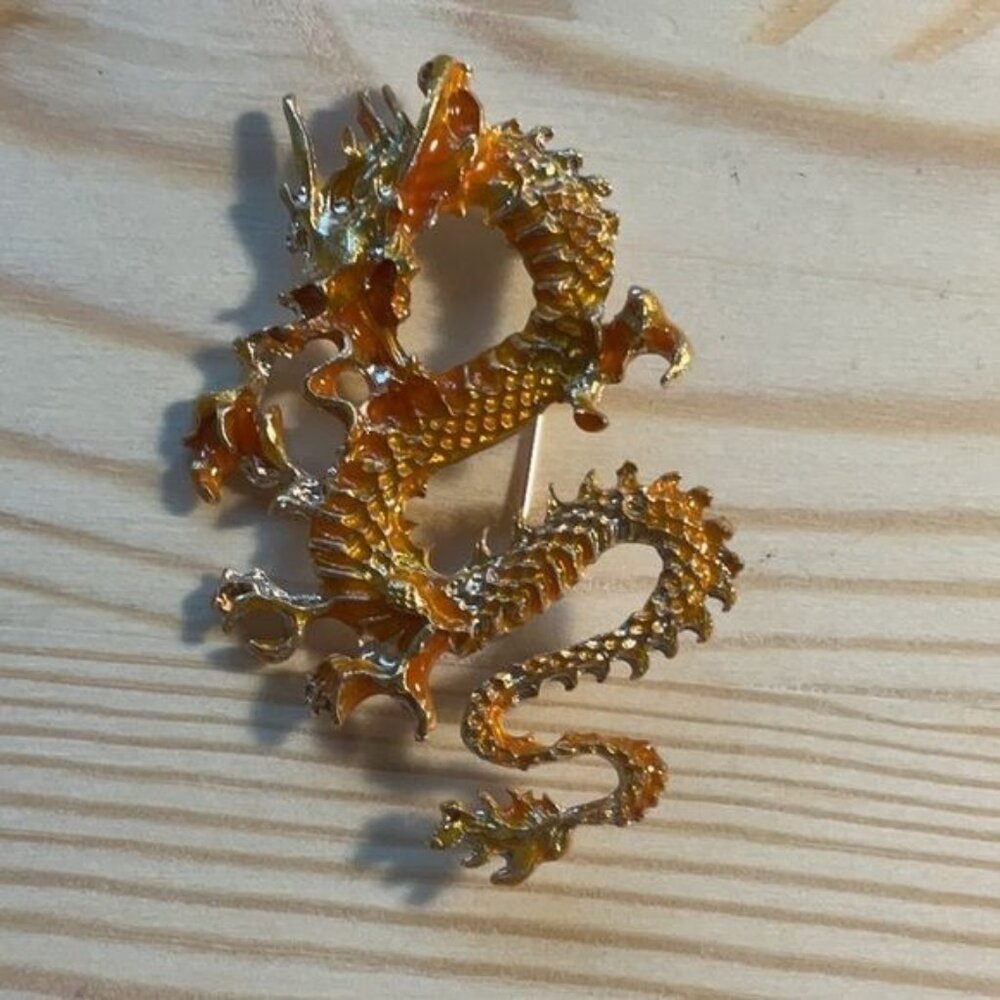 Gold Dragon Brooch Pin With Orange Enamel Detailing & Textured Design